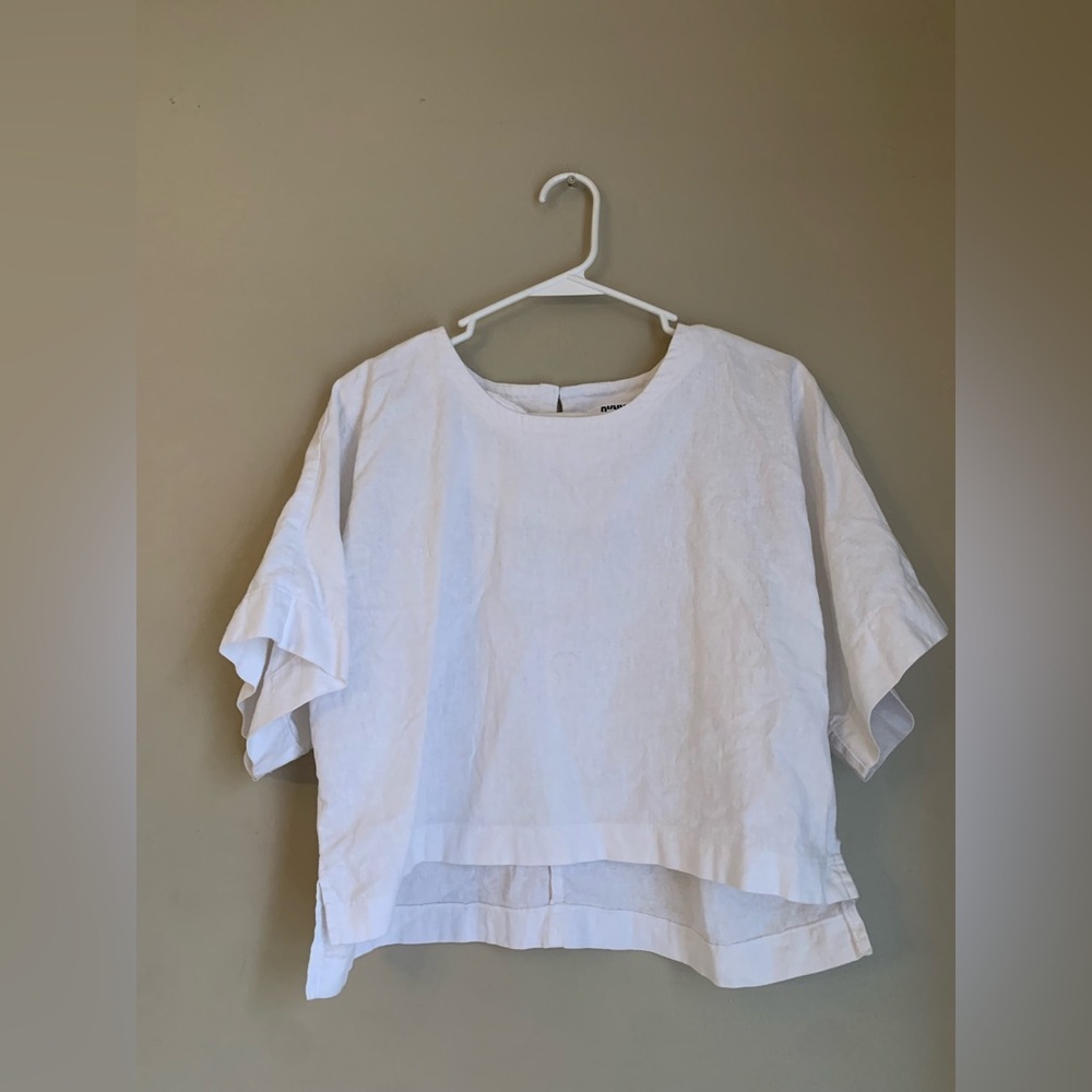 DKNY Pure Womens Size Large White Linen Blend Short Sleeve Crop Top boxy